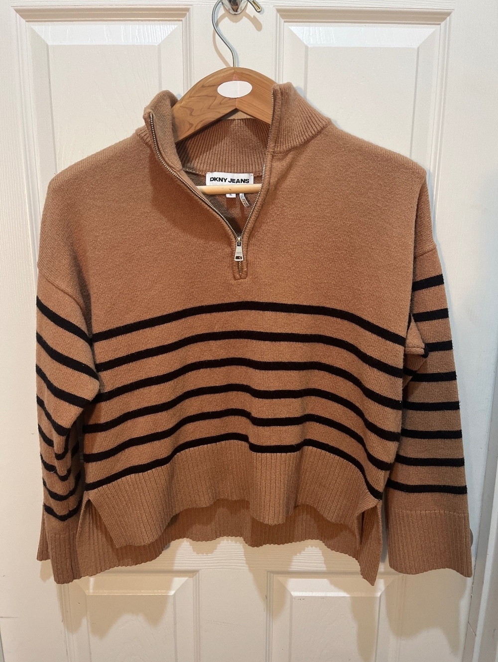 DKNY Jeans Womens Quarter Zip Striped Sweater Camel Brown Black Mock Neck XL
